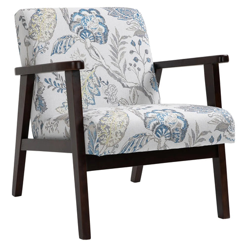 Mid-Century Modern Accent Chair, Retro Fabric Armchair, Wooden Arm, Floral