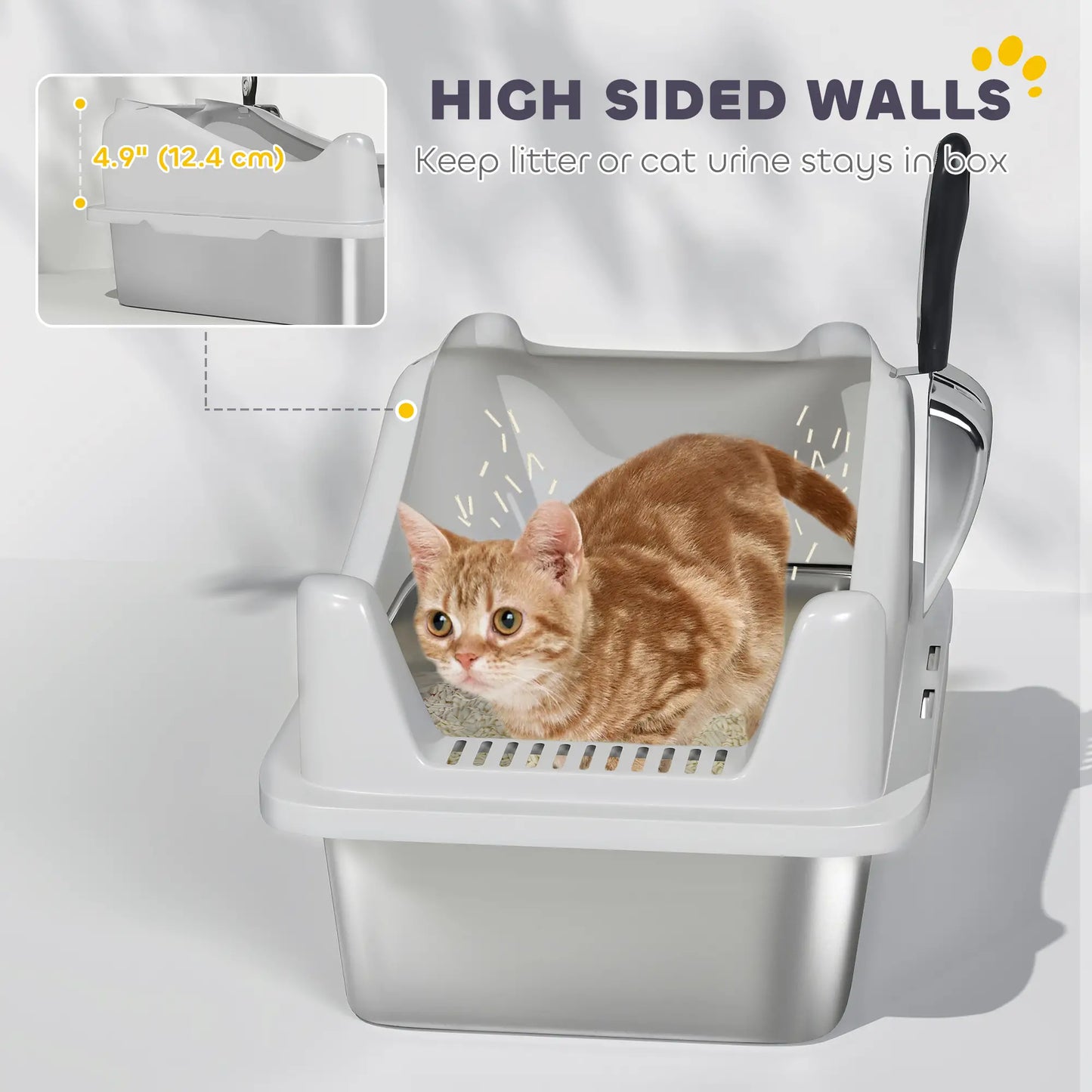Stainless Steel Cat Litter Box, 17" x 13" x 10", Metal Scoop, Grey Cat Litter Box Enclosures at Gallery Canada