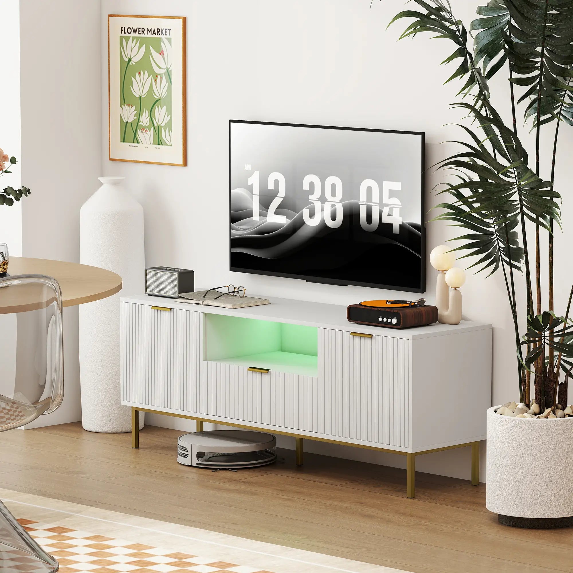 TV Console For 50 Inch TVs, Smart RGB LED Lights, Soft Close Doors, White TV Stands at Gallery Canada