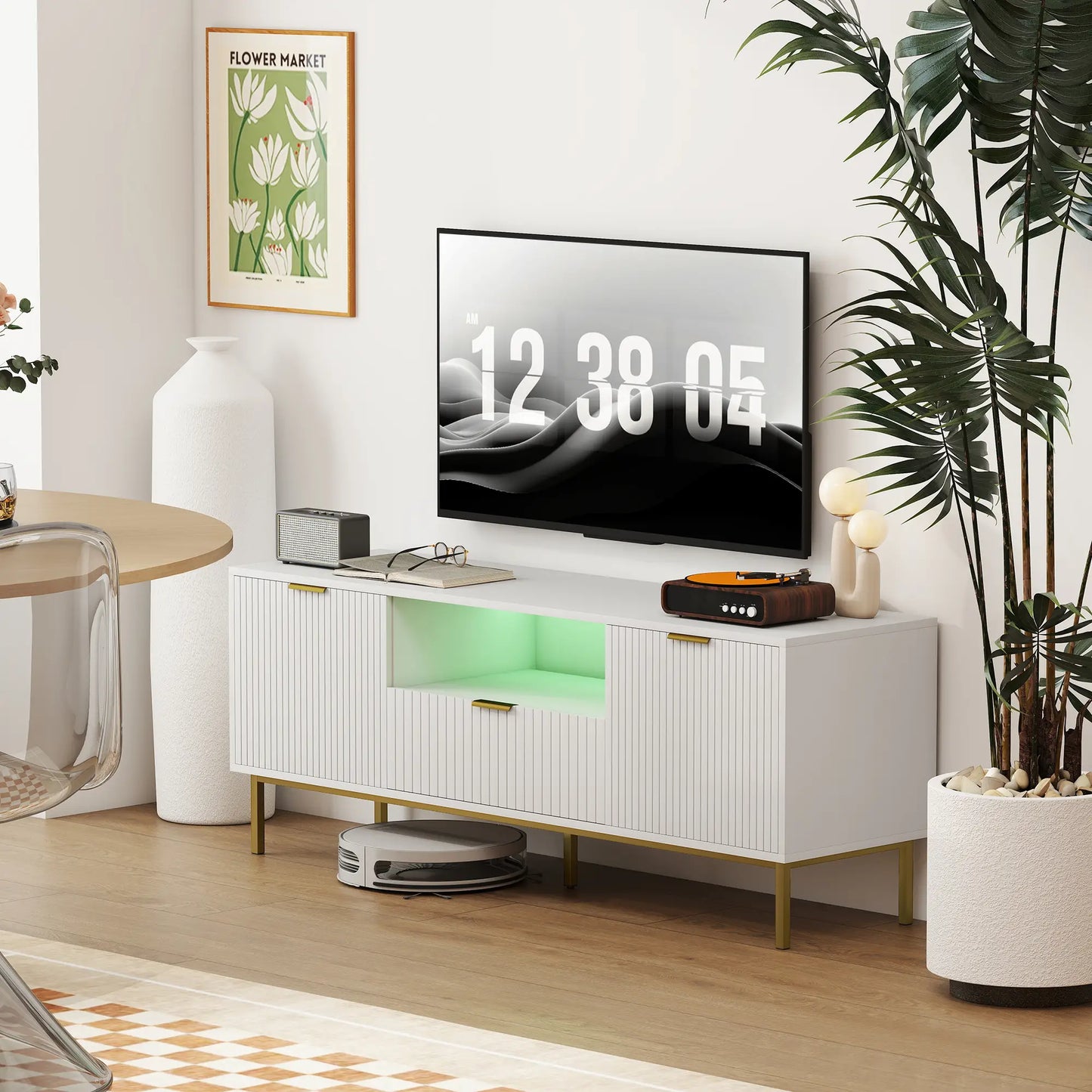 TV Console For 50 Inch TVs, Smart RGB LED Lights, Soft Close Doors, White TV Stands at Gallery Canada
