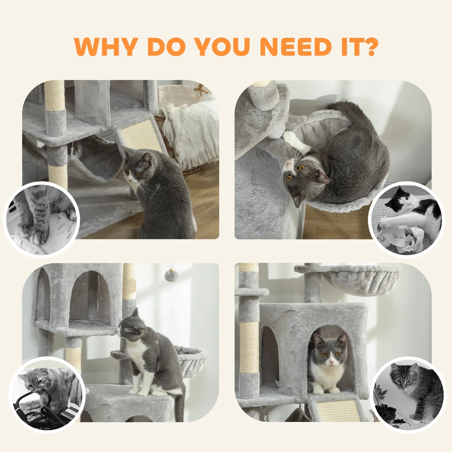 Cat Tree, 70 Inch Multi-Level Tower with Condos, Beds, Hammock, Light Grey Cat Towers at Gallery Canada