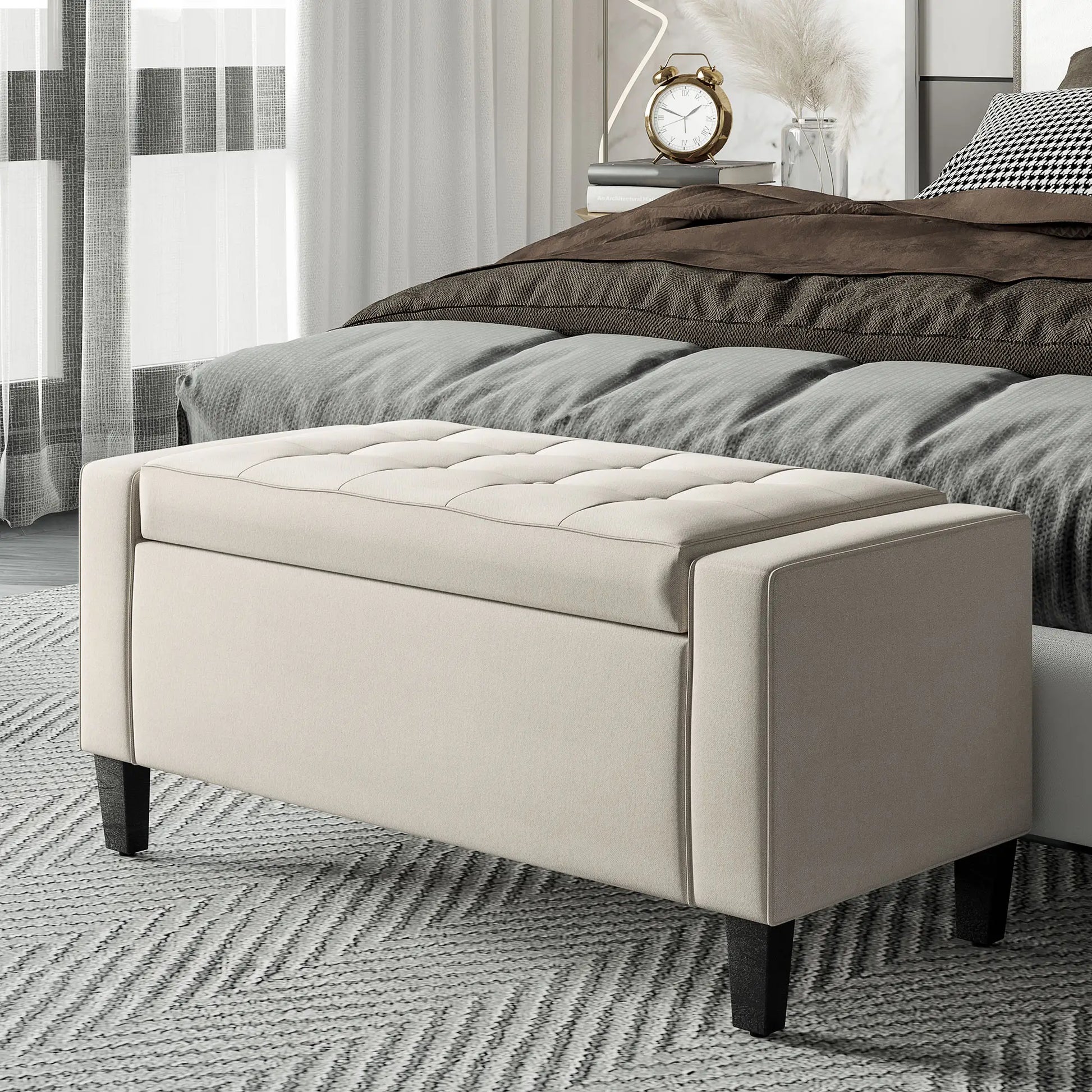 Storage Ottoman Bench, Tufted Linen Fabric, Flip Top, Beige Storage Ottomans & Benches at Gallery Canada