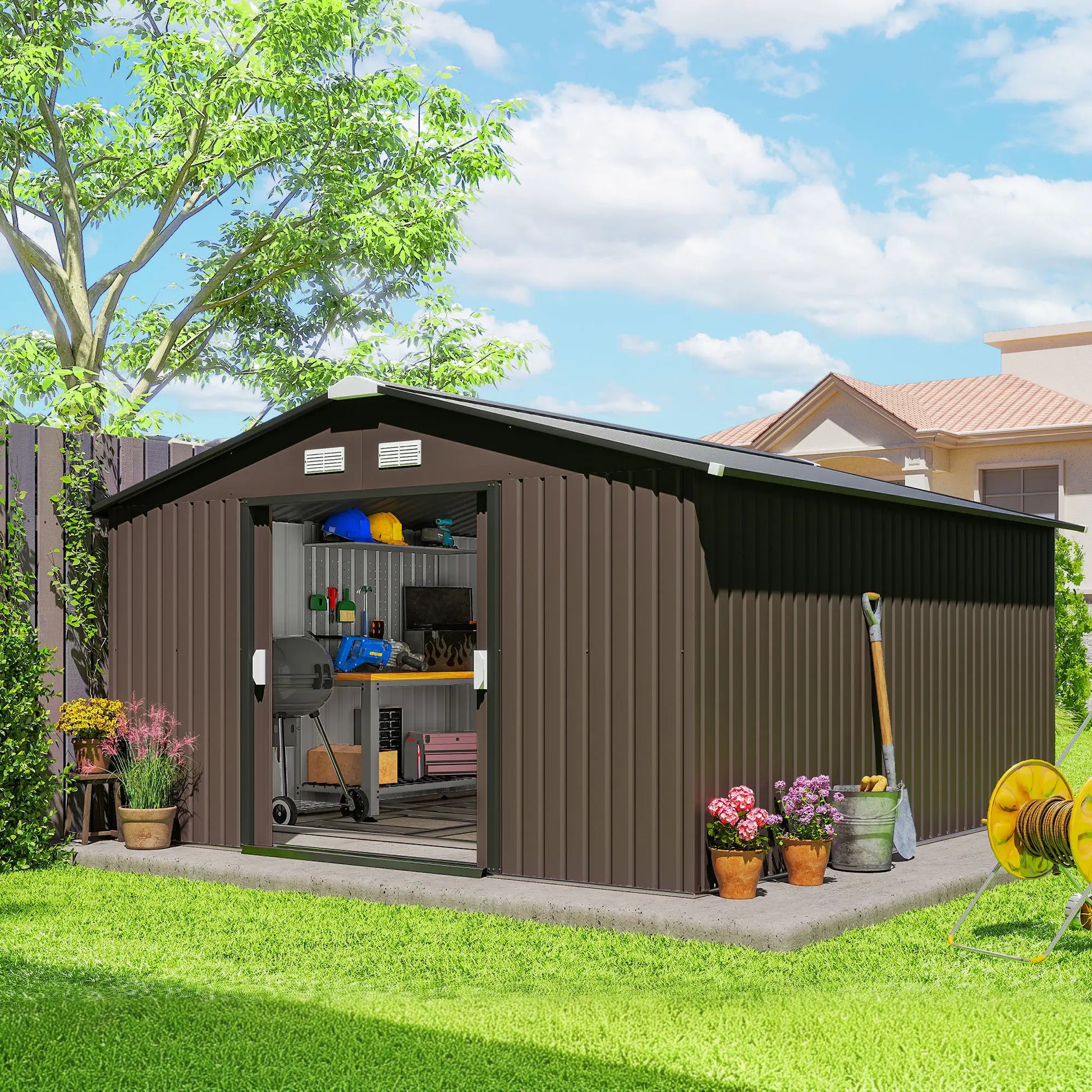 13' Metal Garden Storage Shed, Foundation Kits Included, Brown Sheds at Gallery Canada