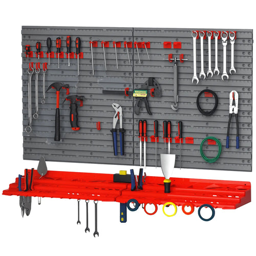 54 Piece Plastic Pegboard Panels, Wall Mounted Garage Storage, 50 Hooks, Red