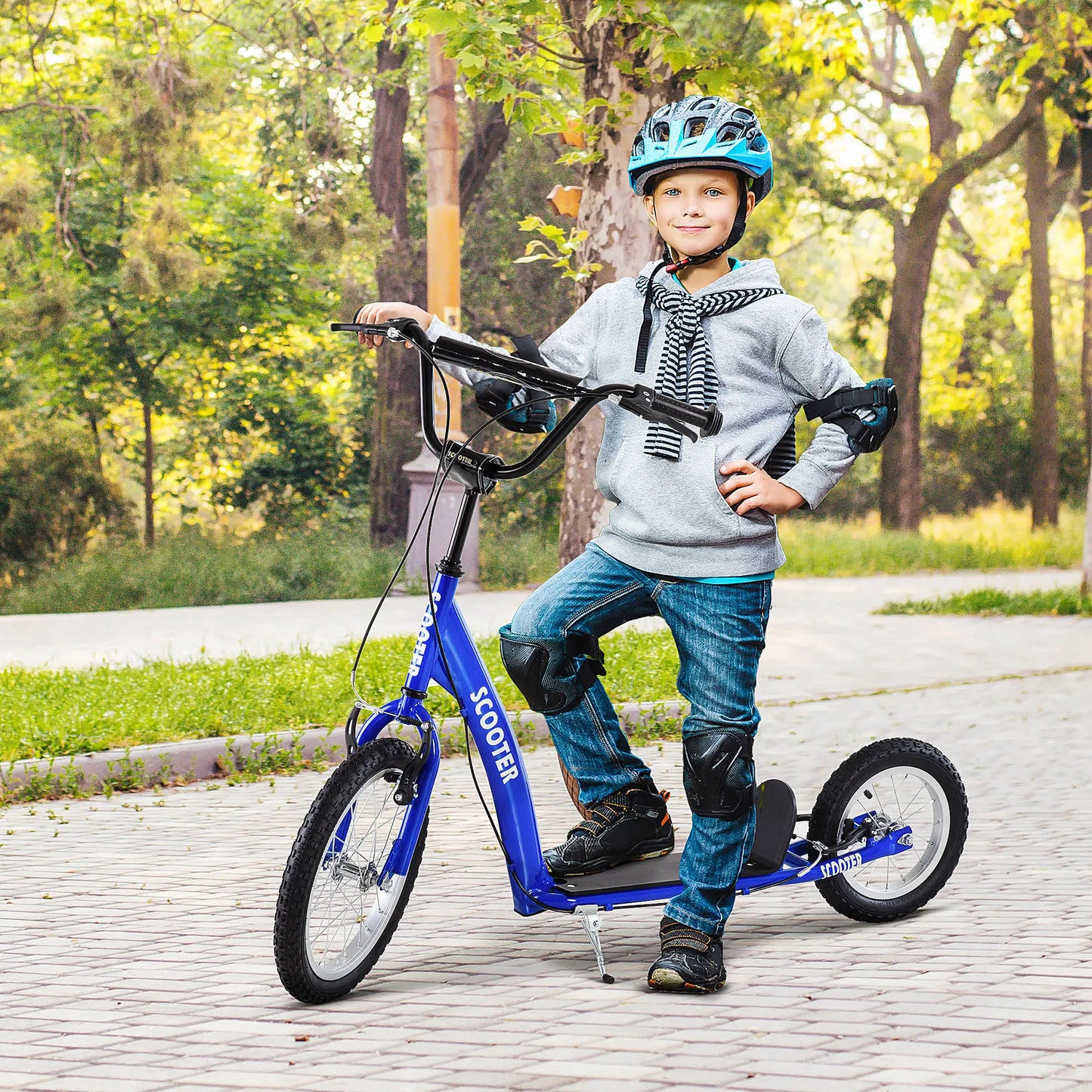 Kids Scooter, Adjustable Handlebar, Dual Brakes, Inflatable Wheels, Age 5+, Blue Scooters at Gallery Canada