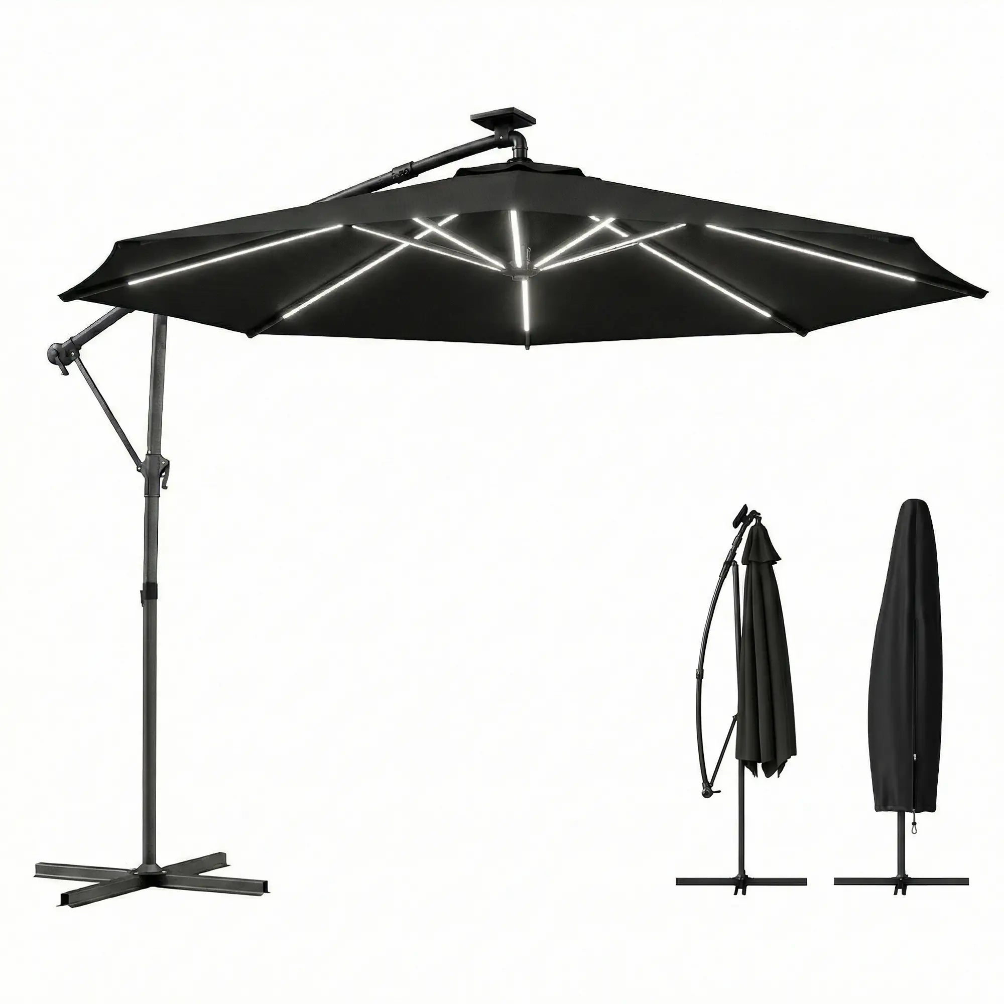 10 ft Offset Patio Umbrella With Solar Light, 360° Rotation, Tilt, Cover, Black Offset Cantilever Umbrellas Black at Gallery Canada