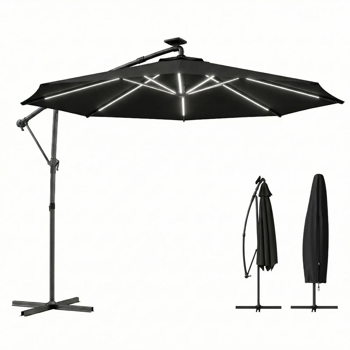 10 ft Offset Patio Umbrella With Solar Light, 360° Rotation, Tilt, Cover, Black Offset Cantilever Umbrellas Black at Gallery Canada