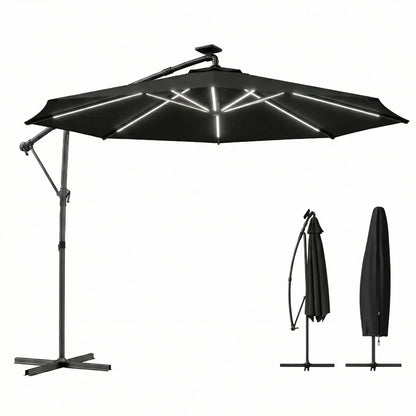 10 ft Offset Patio Umbrella With Solar Light, 360° Rotation, Tilt, Cover, Black Offset Cantilever Umbrellas Black at Gallery Canada
