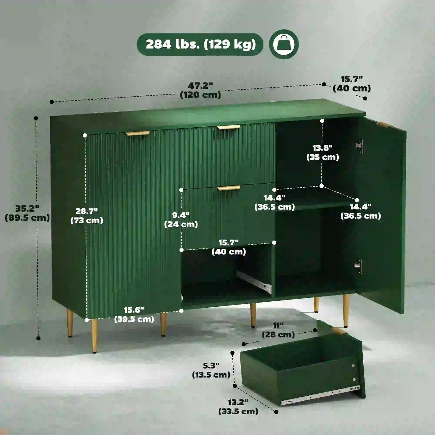 Modern Kitchen Storage Cabinet, Sideboard Buffet, 3 Drawers, Adjustable Shelves, Green Bar Cabinets at Gallery Canada