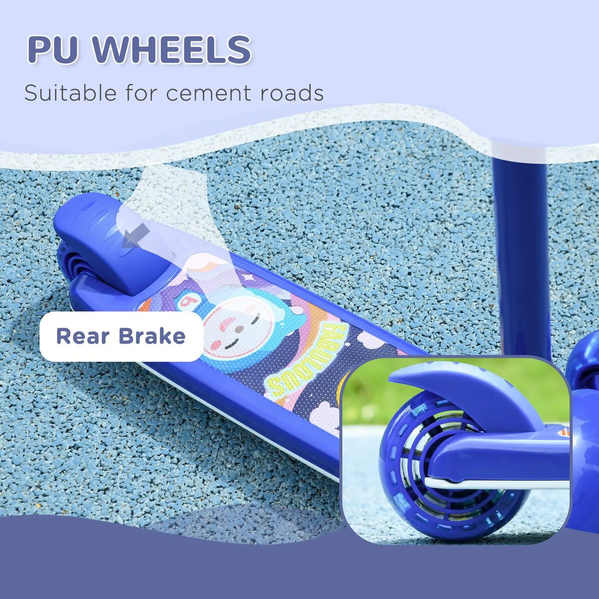 Trottinette pour enfants à 3 roues, hauteur ajustable, frein à arrière, lumière LED, guidon en TPE, bleu