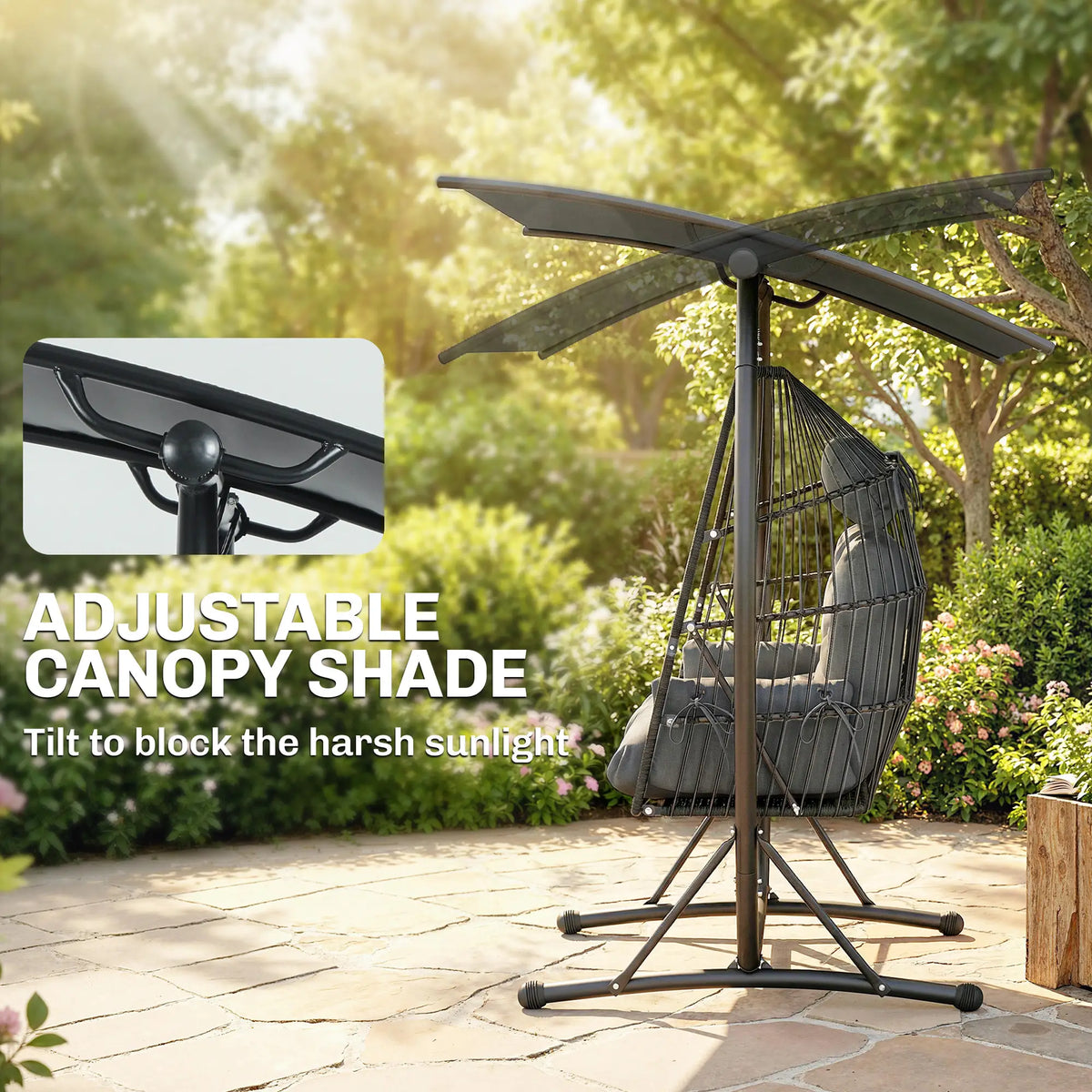 Hanging Double Egg Chair with Canopy, Cushion, Stand, Dark Grey