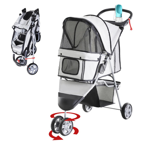 3 Wheel Foldable Dog Stroller, Storage Basket, Adjustable Canopy, Cupholder, Grey