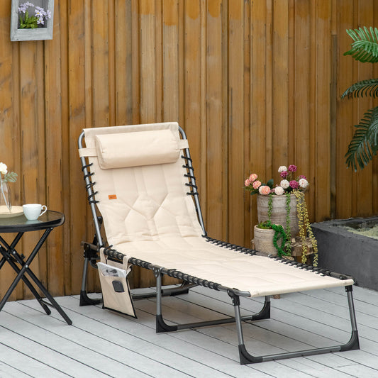 Outdoor Lounge Chair, Folding Chaise Lounge, Patio Padded Tanning Chair with 5-position Adjustable Backrest, Pillow and Pocket for Deck, Beach, Lawn and Sunbathing, Beige - Gallery Canada