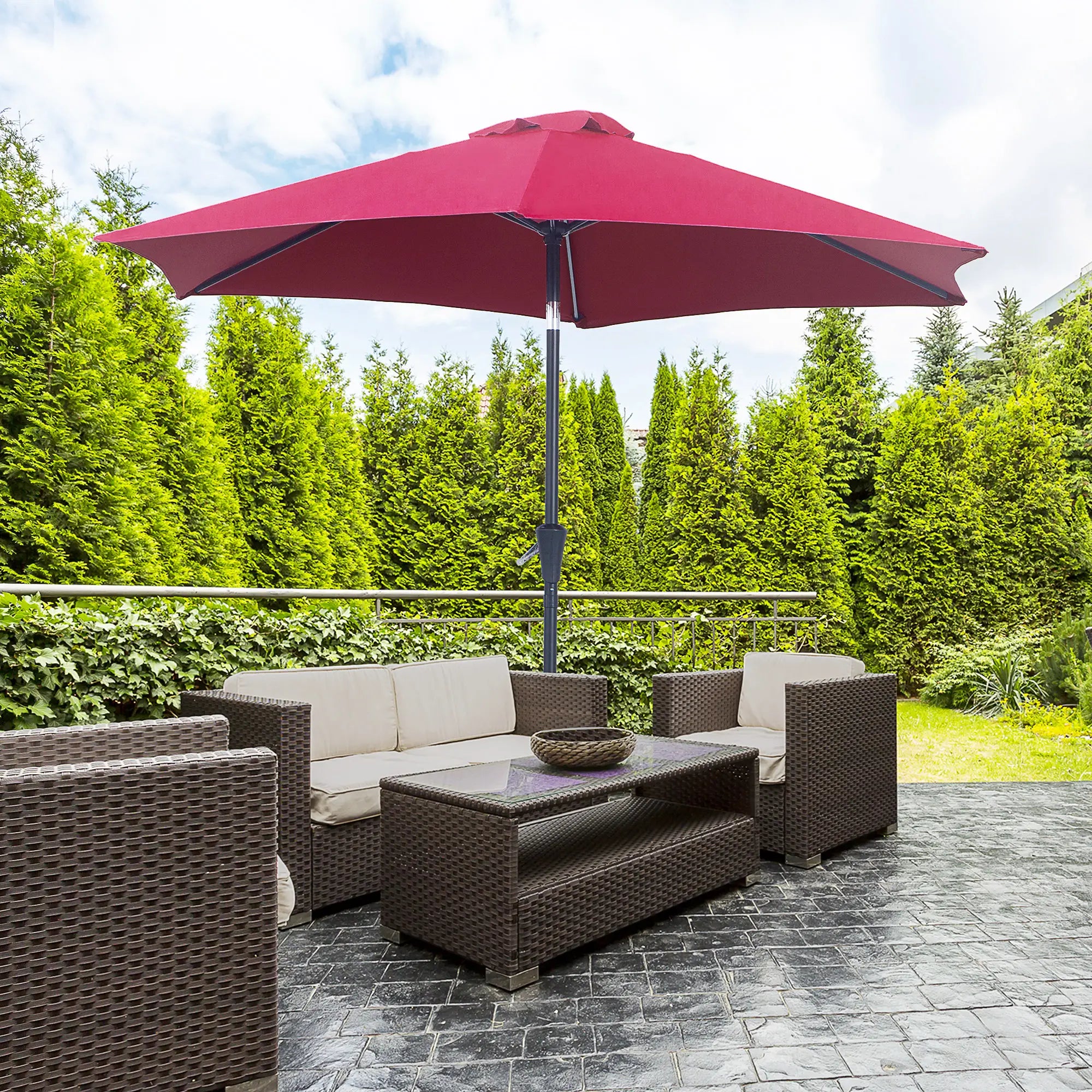 8.5FT Round Garden Parasol, 6 Ribs, Tilt Canopy with Crank Handle, Wine Red Sun Umbrellas at Gallery Canada