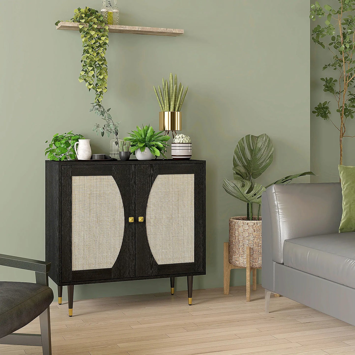 Boho Buffet Cabinet, Adjustable Shelf, Rattan Doors, 42 Inches, Black Kitchen Pantry Cabinets at Gallery Canada