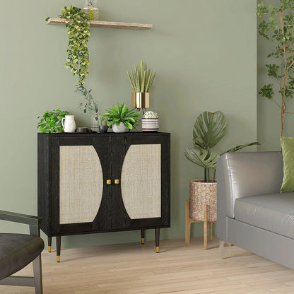 Boho Buffet Cabinet, Adjustable Shelf, Rattan Doors, 42 Inches, Black Kitchen Pantry Cabinets at Gallery Canada
