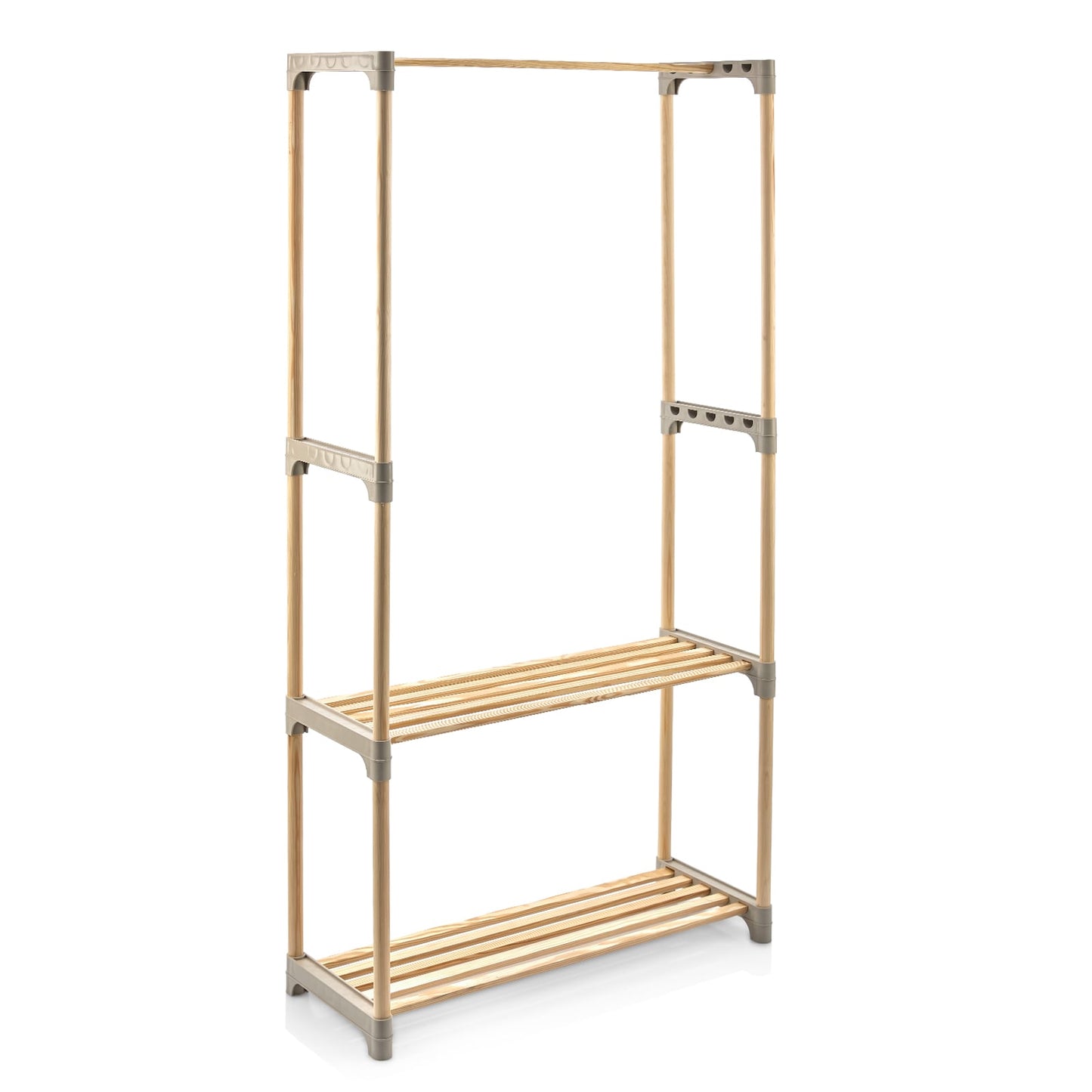 Pine Wood Clothes Rack with 2-Tier Open Storage Shelf for Hanging Clothes, Gray