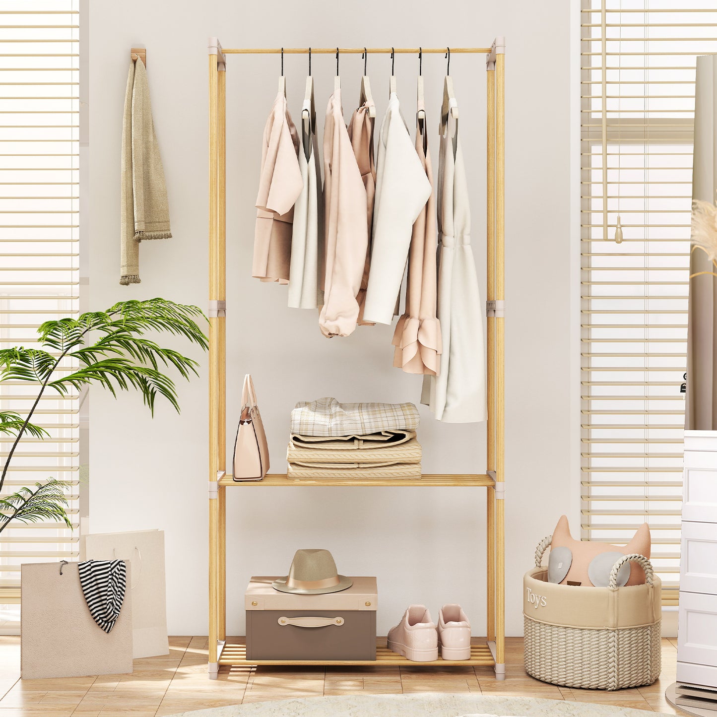 Pine Wood Clothes Rack with 2-Tier Open Storage Shelf for Hanging Clothes, Gray Clothing & Closet Storage at Gallery Canada