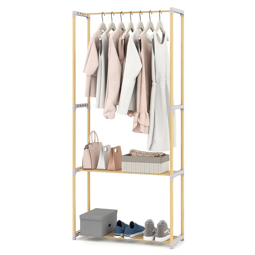 Pine Wood Clothes Rack with 2-Tier Open Storage Shelf for Hanging Clothes, Gray