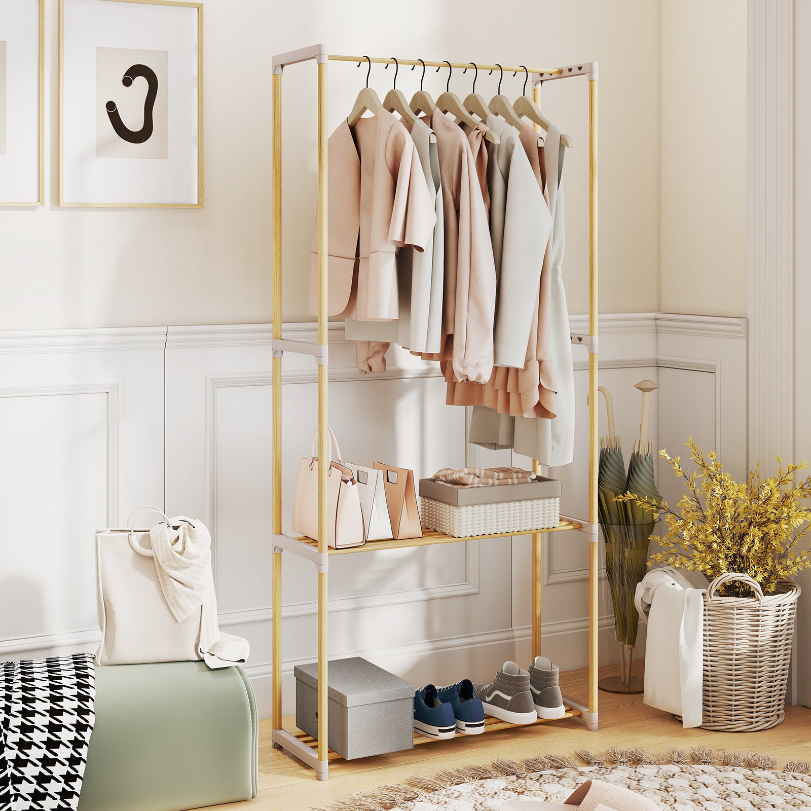 Pine Wood Clothes Rack with 2-Tier Open Storage Shelf for Hanging Clothes, Gray Clothing & Closet Storage at Gallery Canada