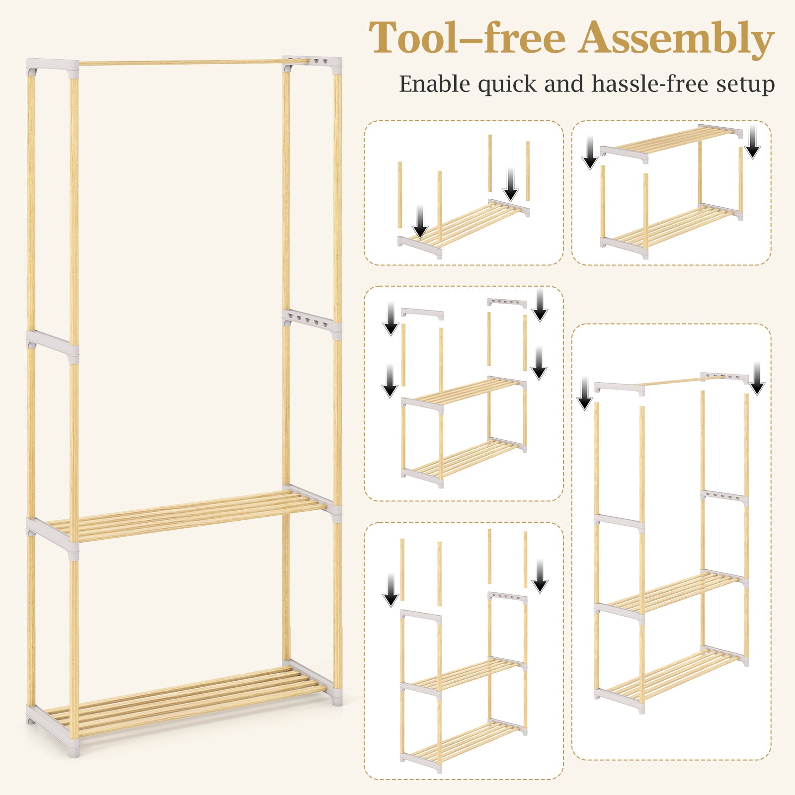 Pine Wood Clothes Rack with 2-Tier Open Storage Shelf for Hanging Clothes, Gray Clothing & Closet Storage at Gallery Canada
