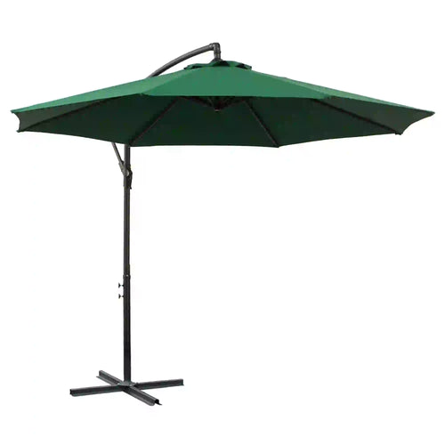 9.7ft Offset Patio Umbrella, 8 Ribs, Crank Handle, Cross Base, Green