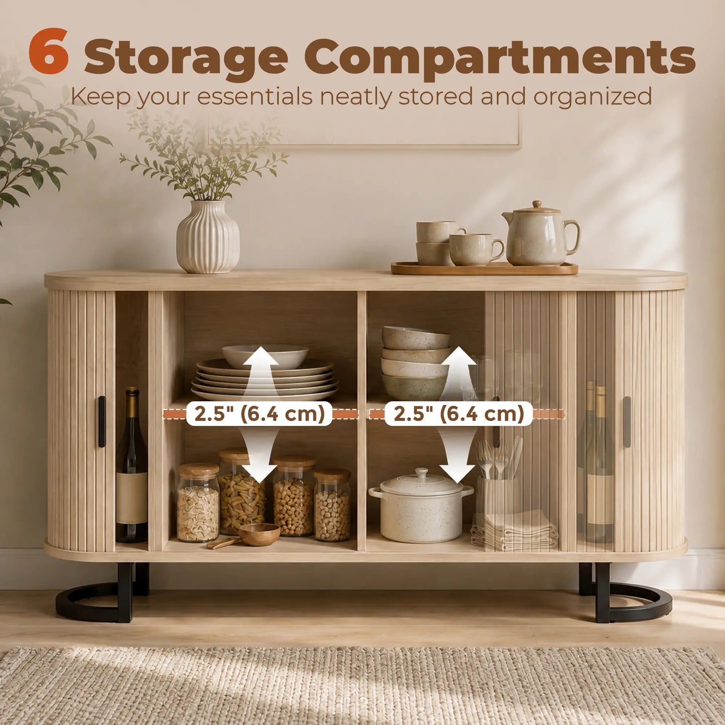 Fluted Sideboard Buffet Cabinet, 55", Natural
