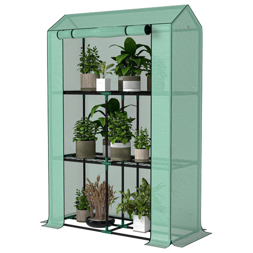 Mini Greenhouse, 3 Tier Shelves, 3 Roll-Up Doors, Indoor Outdoor, Green
