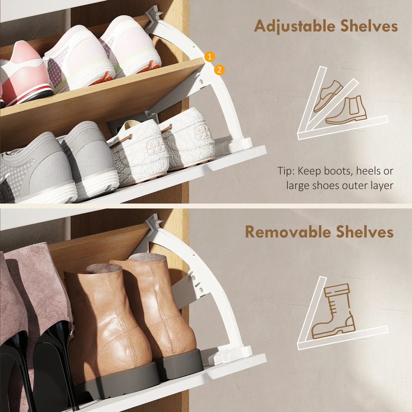 Narrow Shoe Cabinet, 2 Flip Drawers, Adjustable Shelves, White Shoe Storage Cabinets & Racks at Gallery Canada