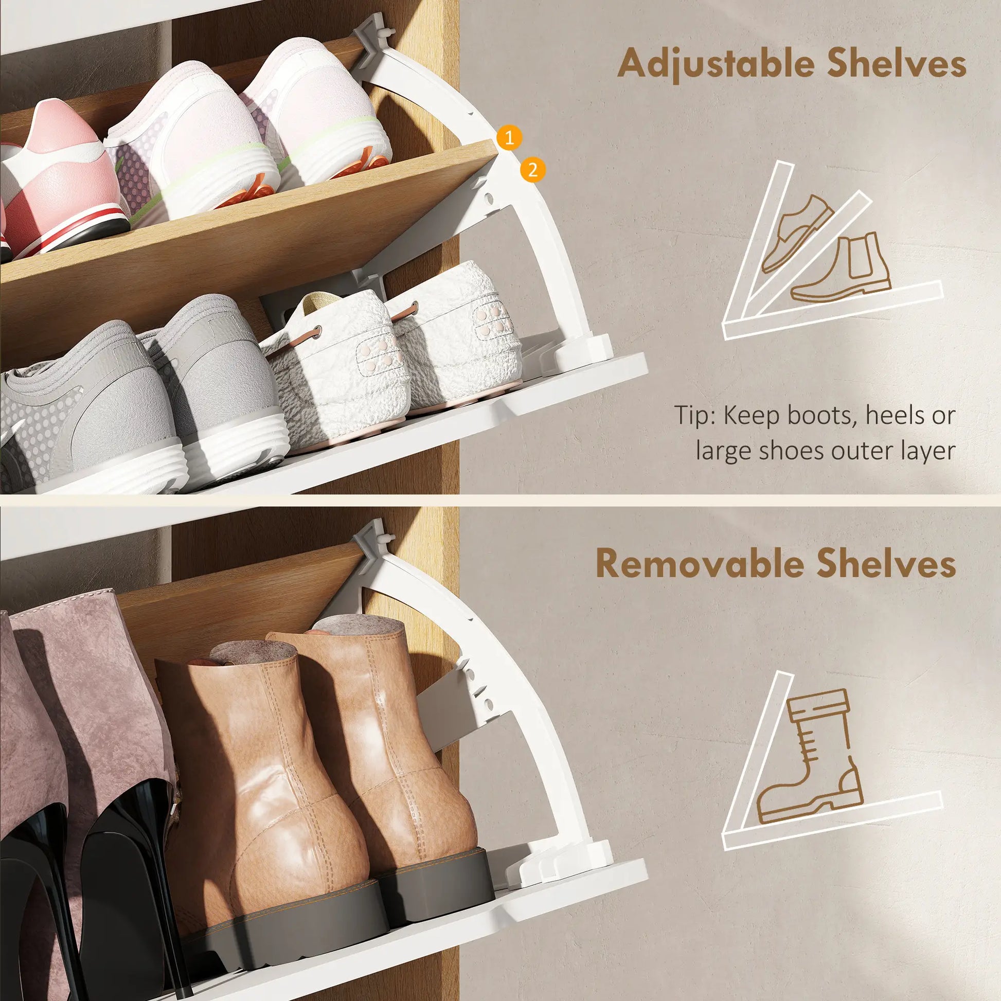 Narrow Shoe Cabinet, 2 Flip Drawers, Adjustable Shelves, White Shoe Storage Cabinets & Racks at Gallery Canada