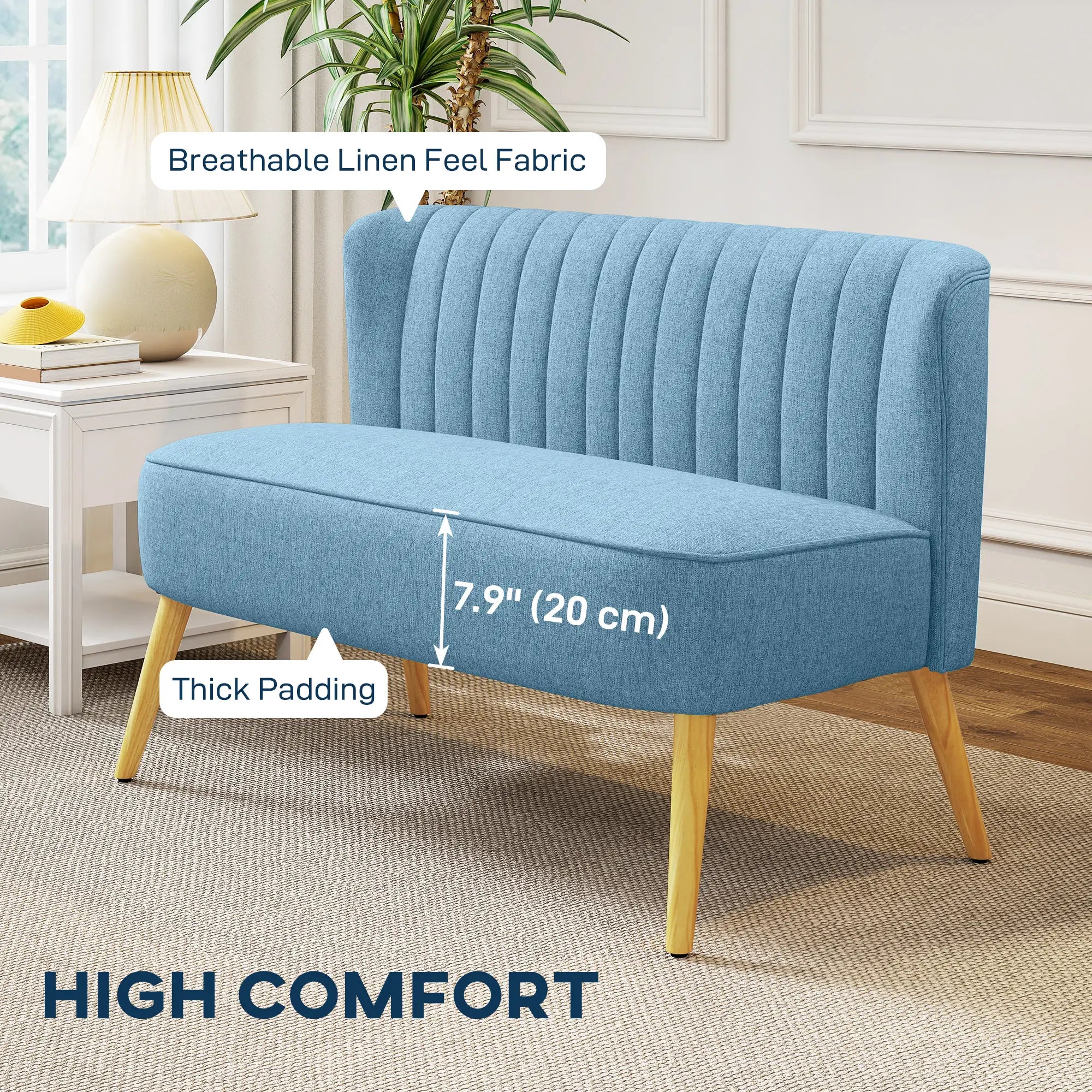 2 Seat Sofa, Upholstered Loveseat With Rubber Wood Legs, Blue 2-Seater Sofas at Gallery Canada