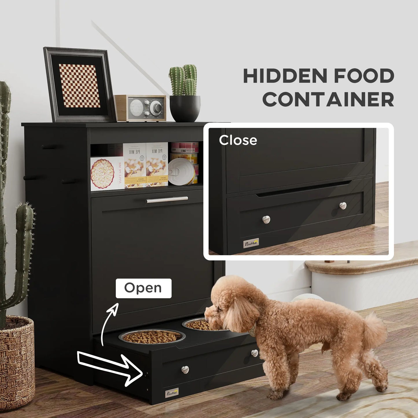 Pet Feeder Station, Dog Food Storage Cabinet with Bowls, Black Dog Bowls at Gallery Canada