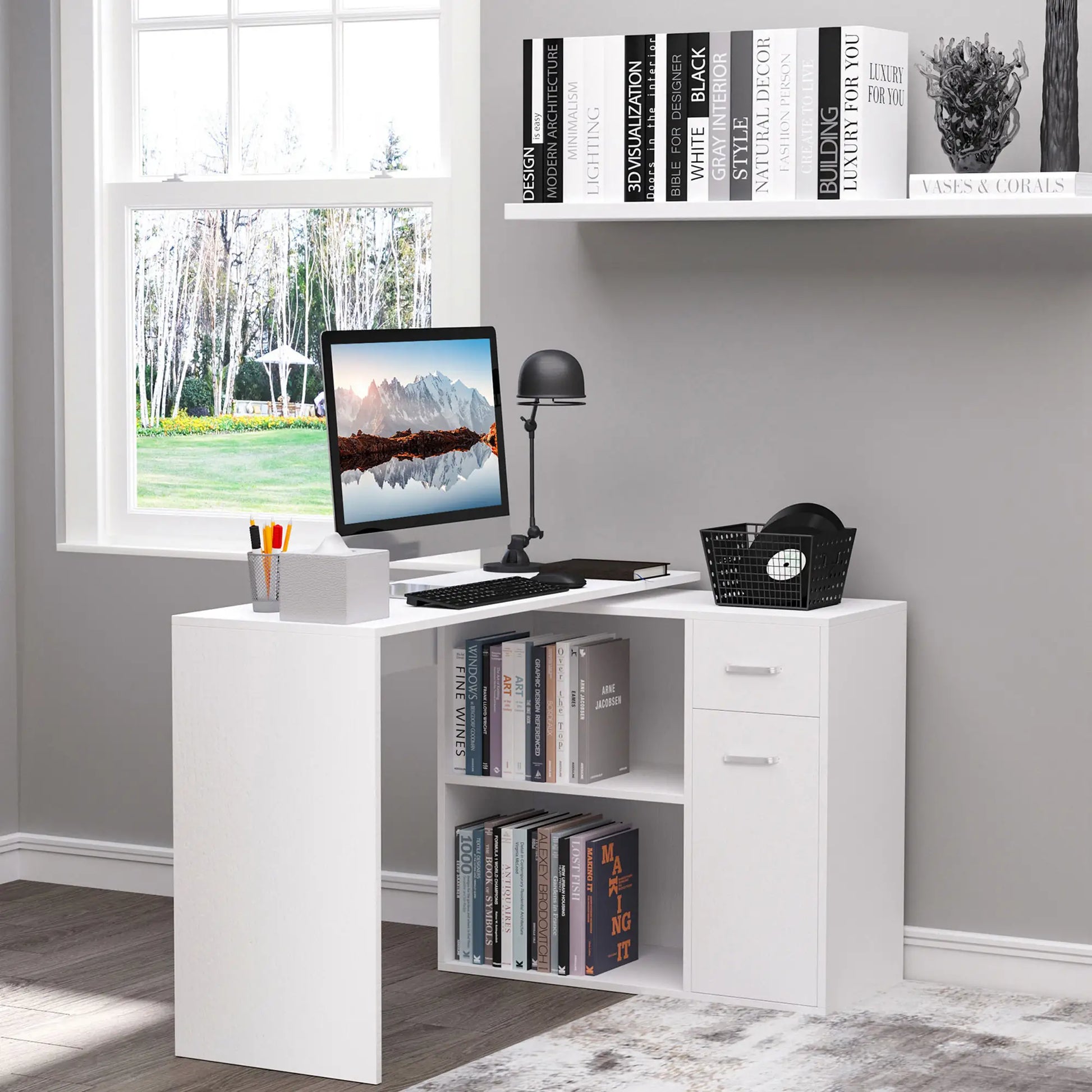 180° Rotating Corner Desk, Storage Shelf Cabinet, White Writing Desks at Gallery Canada