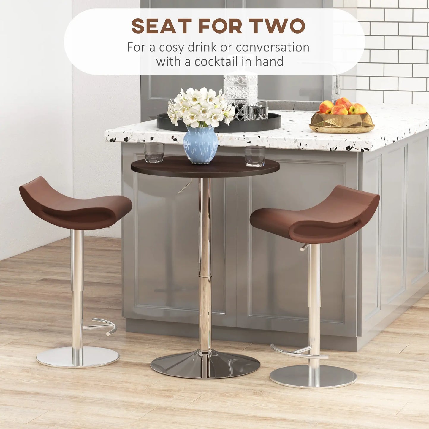 Adjustable Round High Top Bar Table, Swivel Top, Steel Base, Walnut Bar Tables & Dining Tables at Gallery Canada