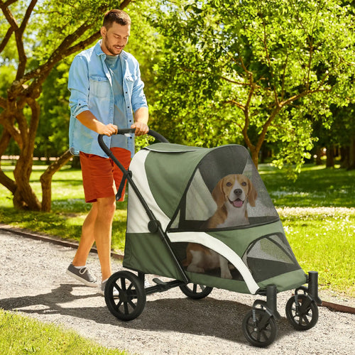 Foldable Pet Stroller, Large Dogs, Four Big Wheels, Dark Green
