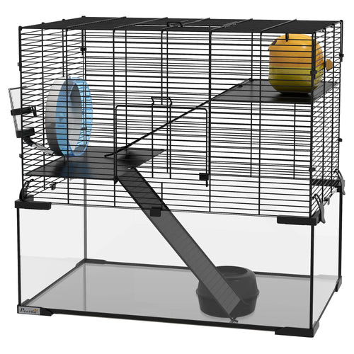 Hamster Cage, Gerbil Cage with Glass Basin, Small, Black