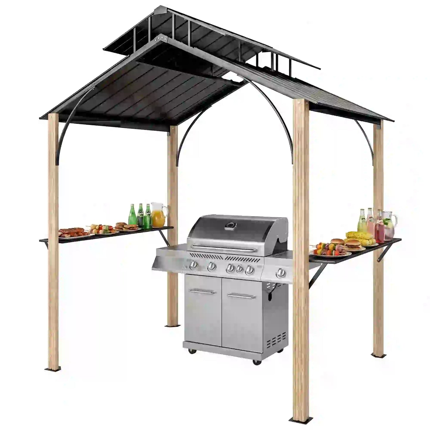 8 x 6ft Hardtop Grill Gazebo, Metal Double Roof, Wood-Grain Aluminum Frame BBQ Grill Gazebos Light Brown, Black at Gallery Canada