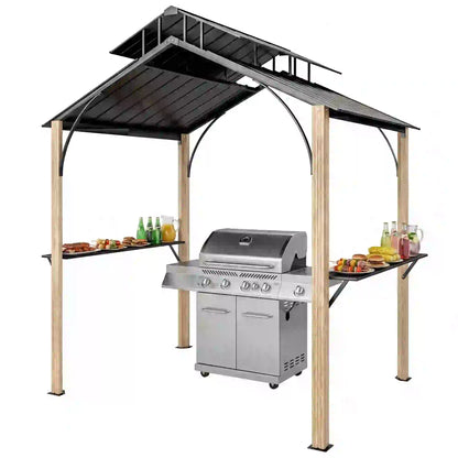 8 x 6ft Hardtop Grill Gazebo, Metal Double Roof, Wood-Grain Aluminum Frame BBQ Grill Gazebos Light Brown, Black at Gallery Canada
