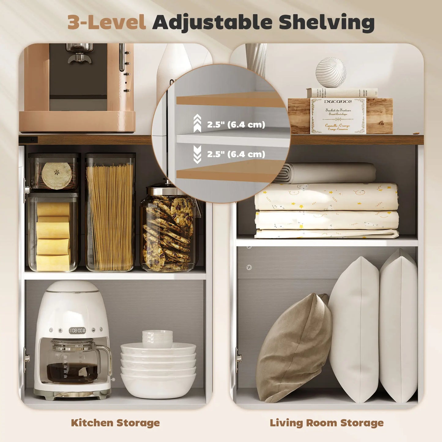 59" Buffet Cabinet, Farmhouse Sideboard, 2 Barn Doors, 4 Drawers, White Storage Cabinets at Gallery Canada