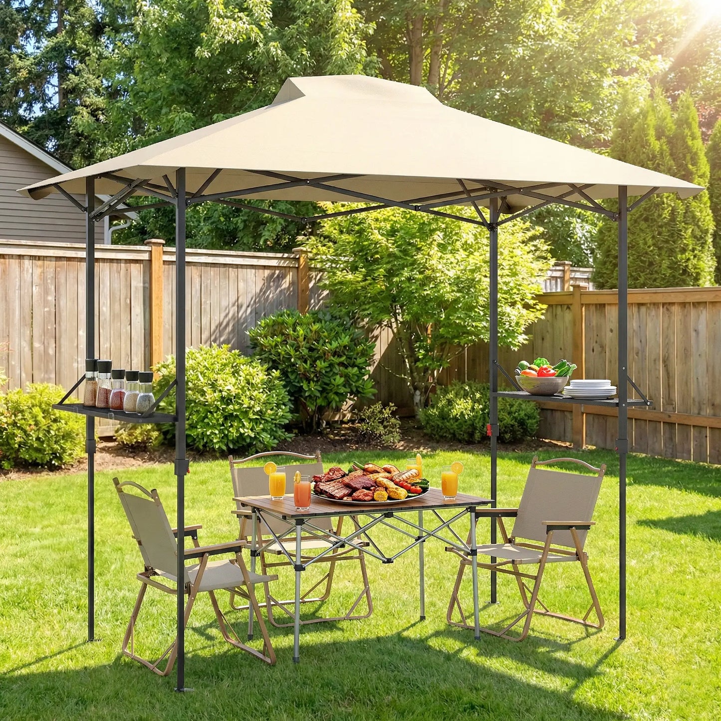 5 x 8.5 ft Pop Up Grill Gazebo, 2 Shelves, UPF 50+ Canopy, Khaki Pop Up Canopies at Gallery Canada