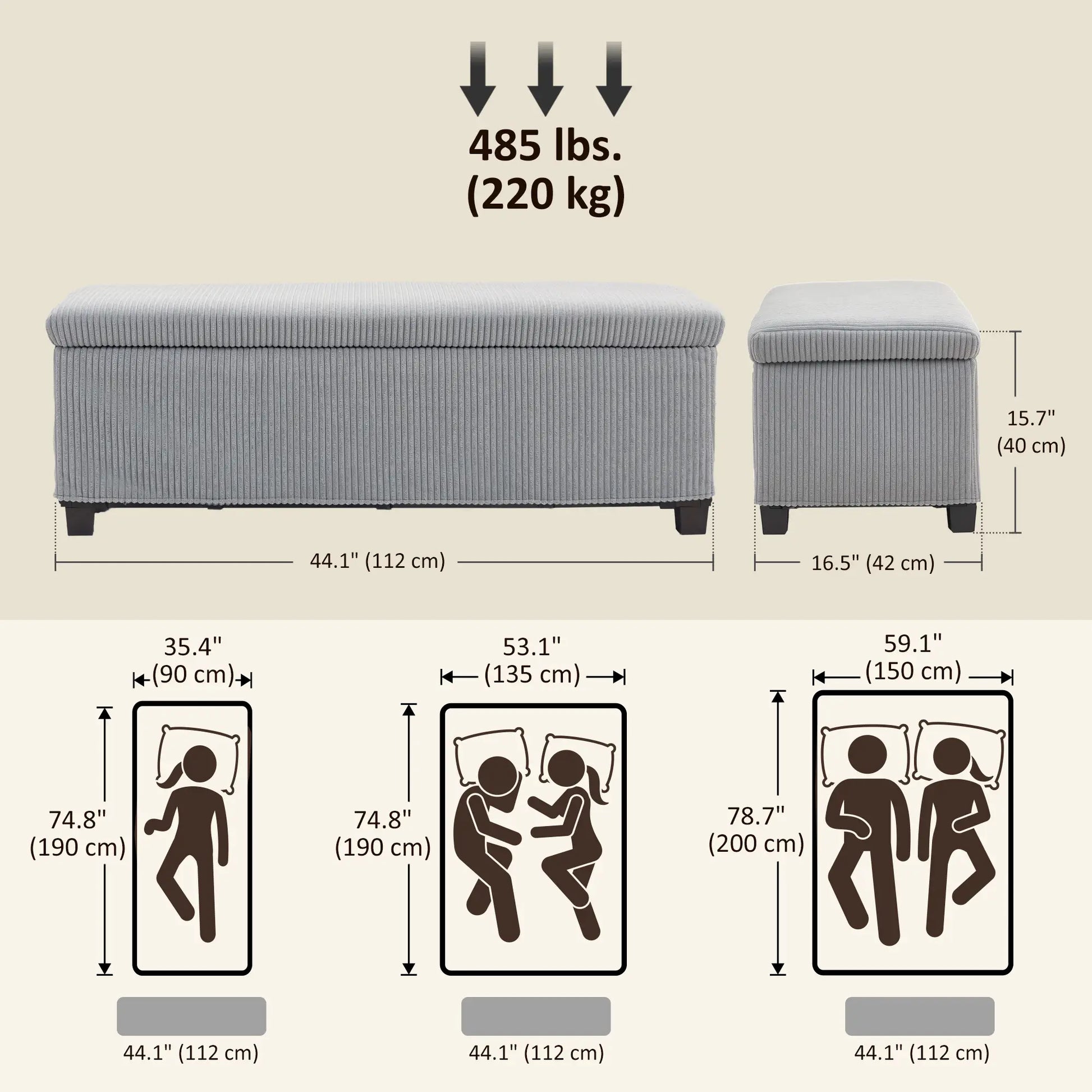 44 Inches Ottoman with Storage, Lid, Legs, Corduroy Bench, Light Grey Storage Ottomans & Benches at Gallery Canada