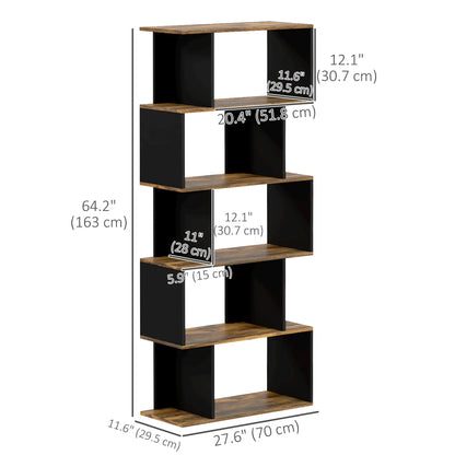 5 Tier Geometric S Shaped Bookcase, Tall Narrow Display Shelf, Rustic Brown Display Bookshelves at Gallery Canada