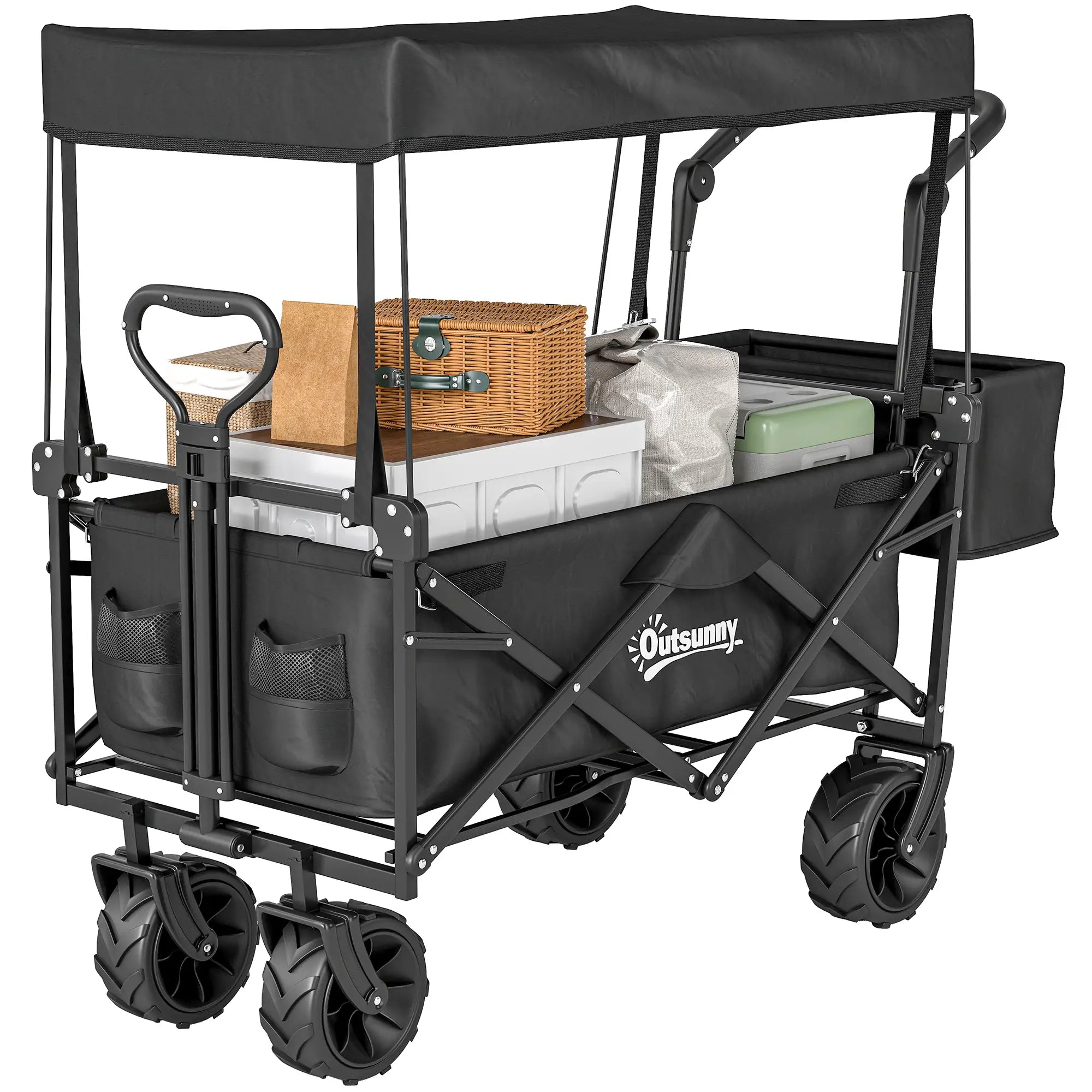 80L Folding Wagon Cart, Heavy-Duty Collapsible, Adjustable Handle, Black Folding Garden Carts Black at Gallery Canada