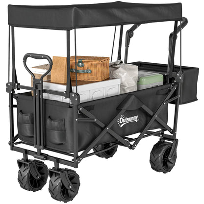 80L Folding Wagon Cart, Heavy-Duty Collapsible, Adjustable Handle, Black Folding Garden Carts Black at Gallery Canada