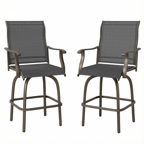 Outdoor Bar Stools Set of 2, Swivel High Back Chairs, Black
