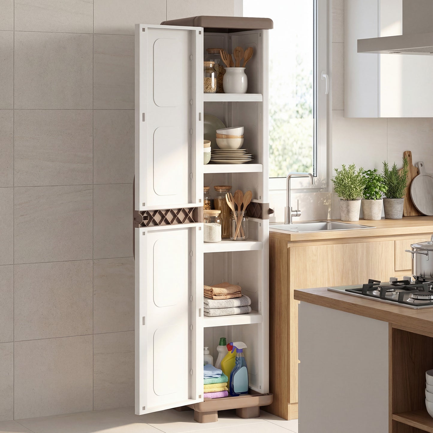 Plastic Kitchen Pantry, 4 Adjustable Shelves, Single Door, Beige Sideboards Cabinets & Buffets at Gallery Canada