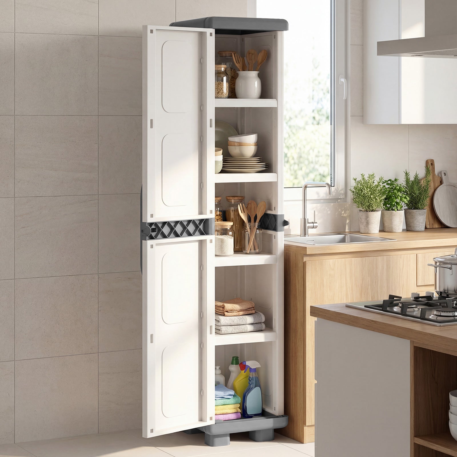 Plastic Kitchen Pantry, 4 Adjustable Shelves, Single Door, Gray Sideboards Cabinets & Buffets at Gallery Canada