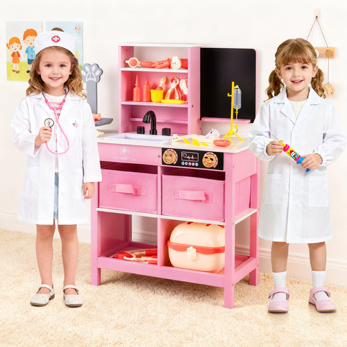 Play Doctor's Office Wood Medical Center Toy Set with Blackboard, Pink