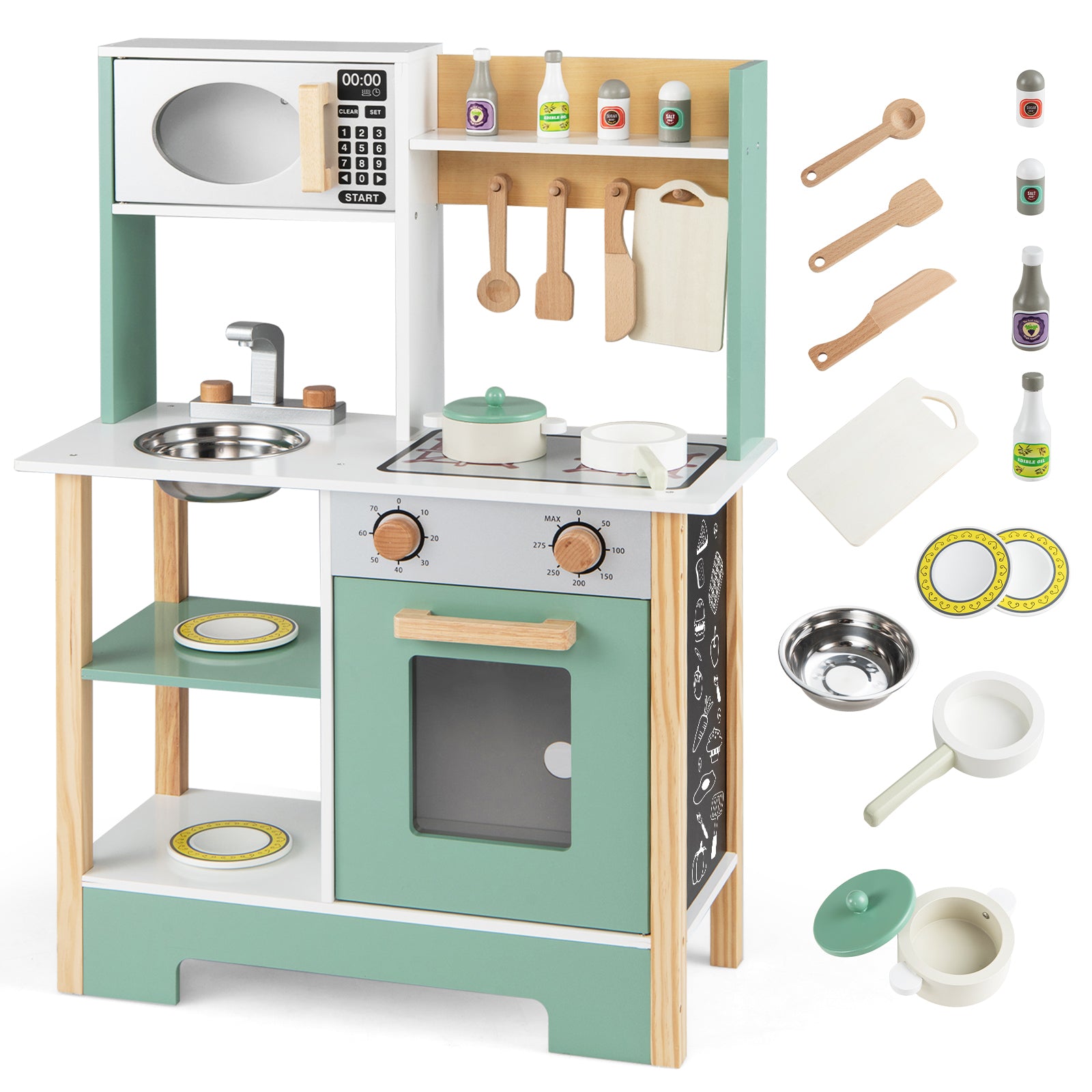 Play Kitchen Wooden Toy Kitchen Playset with Chalkboard Birthday Gift for Kids Aged 3 +, Green Play Kitchen Sets at Gallery Canada