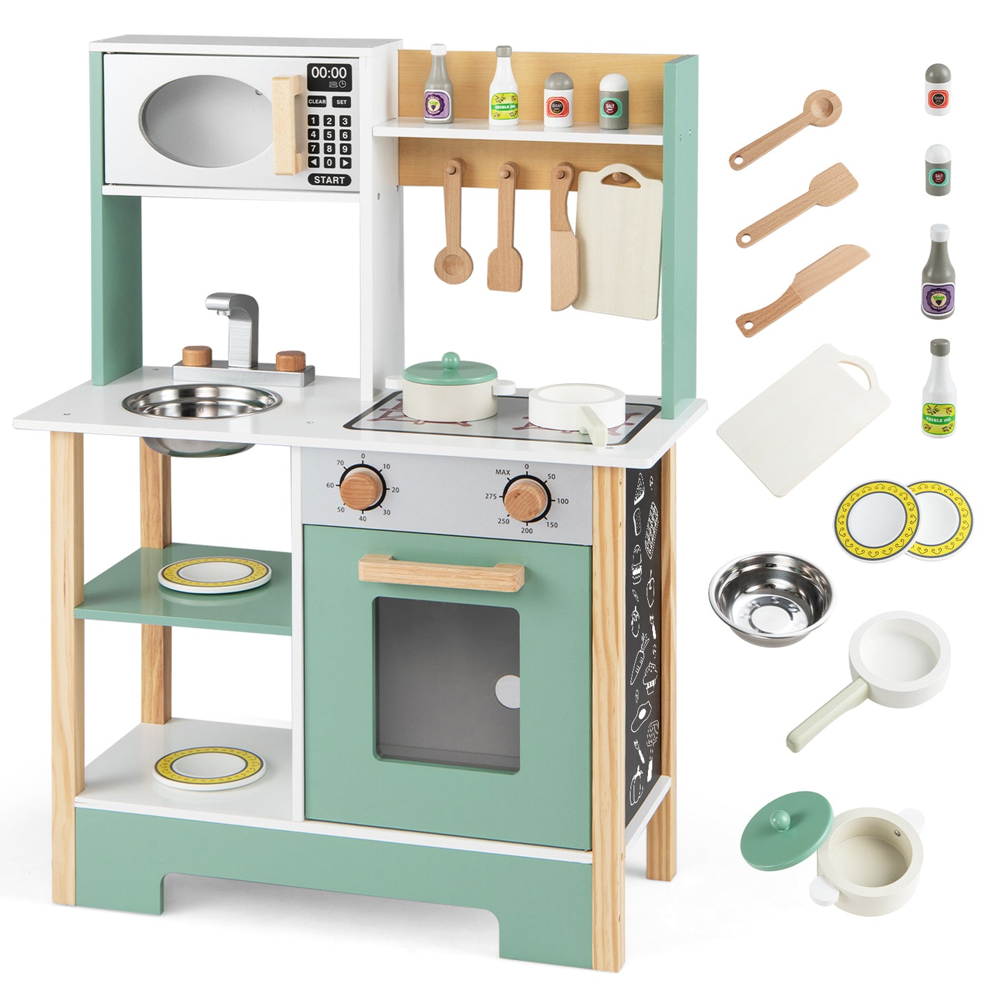 Play Kitchen Wooden Toy Kitchen Playset with Chalkboard Birthday Gift for Kids Aged 3 +, Green Play Kitchen Sets at Gallery Canada